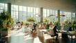 Vibrant open space office filled with natural light and bustling with productivity