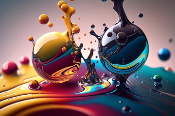 Wall Mural - Vibrant 3D painting: Surrealistic, flowing textures meet colorful explosions and flowing fabrics in light orange and beige hues. Rendered in Cinema4D, stunning fusion of cyan and bronze. Generated AI