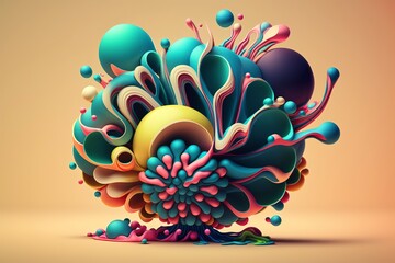 Vibrant 3D painting: Surrealistic, flowing textures meet colorful explosions and flowing fabrics in light orange and beige hues. Rendered in Cinema4D, stunning fusion of cyan and bronze. Generated AI