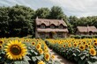 A quaint cottage nestled in the crown of a giant sunflower