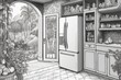 The inside of the wine refrigerator in the kitchen. An adult coloring book. the interior of the room. Icon in black and white