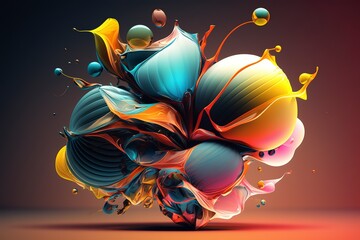 Wall Mural - Vibrant 3D painting: Surrealistic, flowing textures meet colorful explosions and flowing fabrics in light orange and beige hues. Rendered in Cinema4D, stunning fusion of cyan and bronze. Generated AI