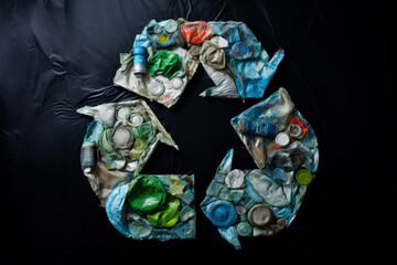 Wall Mural - Recycling symbol made from plastic bottles and waste plastic. recycling litter concept