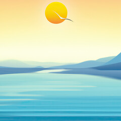 Wall Mural - abstract ocean sunset image with seagull flat graphic design and copy space