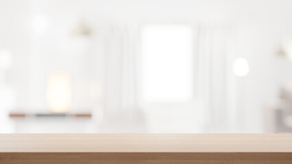 Fototapete - Empty wooden countertop with blurry modern cozy background with window and home interior, background for products, presentations and design