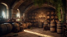 In An Ancient Basement Under The Castle, Bottles And Barrels Are Used To Brew Wine. Made Using Generative AI Tools