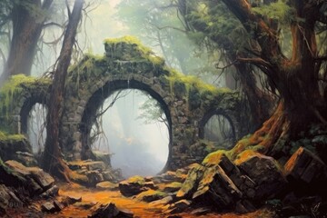 Poster - Misty and foggy atmosphere in the deep woods, evocative scene with arches and old trees. Illustration of exceptional quality