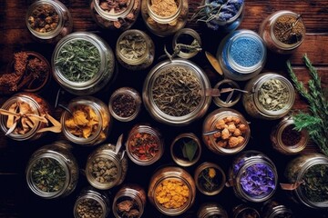 Poster - dried medicinal herbs in jars and bowls. a grouping of therapeutic plants from above. different types of medication