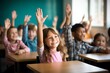 Children raise their hands to answer in the classroom. Back To School concept. Backdrop with selective focus