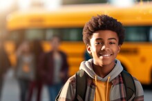 A Boy Or Schoolboy Of African American Appearance On A Blurred Background Of A Bus. Back To School Concept