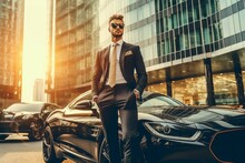Successful Male Businessman Next To An Expensive Luxury Car. Background With Selective Focus. AI Generated