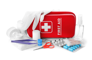 Poster - First aid kit, scissors, gloves, pills, cotton buds, plastic forceps, hand sanitizer and elastic bandage on white background. Health care