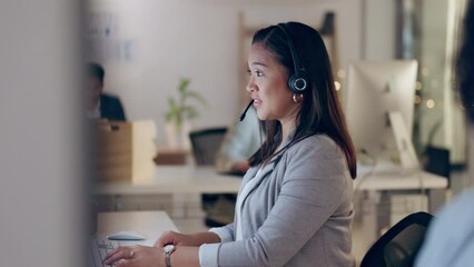 Poster - Call center, virtual assistant talking or Asian woman in customer service, telecom or communication. Explaining, help desk or friendly sales agent in microphone headset at crm or technical support