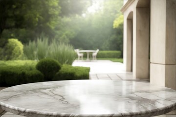 Gray Marble Stone Counter Top/Table on Blurred Nature Background. Versatile Display for Product Montage or Presentations. Embrace the Empty Gray Marble Background Concept