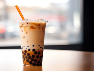 a closeup photo of a taiwan milk bubble tea, also called boba in a plastic cup standing on a wood table in a cafe restaurant. Generative AI