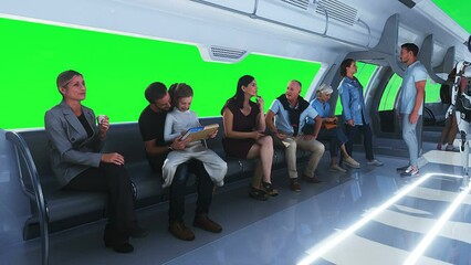 Canvas Print - 3d people and robots. flying passenger train. utopia. concept of the future.green screen. realistic 