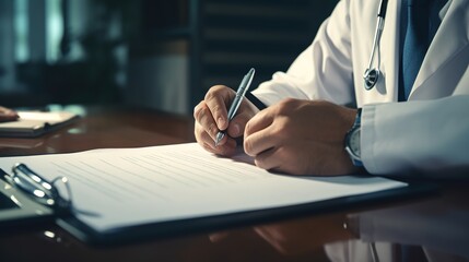 Poster - Close up of a doctor writing on a clipboard, generative ai