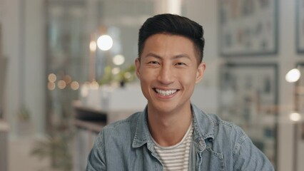Poster - Happy, face and Asian man in office, web design or employee with success in professional career or creative job. Businessman, portrait with smile and designer in company, workplace or startup