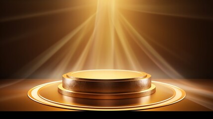 Canvas Print - gold podium for a product presentation. Abstract golden award platform with rays of light emanating from a round frame, generative ai