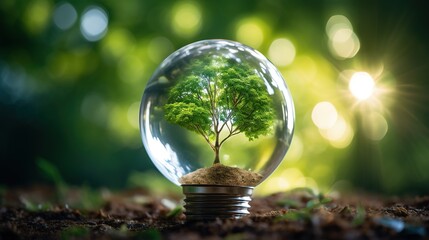 Poster - green tree globe on a tropical nature summer background, Ecology and Environment concept, Energy saving light bulb and save the world concept, sustainable development, generative ai