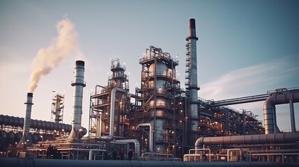 group of workers professional equipment in a petroleum refinery - modern buildings and industrial facilities for the production of fuel and gas, generative ai