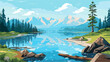 Mountain and lake landscape. Cartoon rocky mountains, forest and river scene. Wild nature summer panorama. Hiking adventure vector concept.