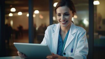 Doctor Using Digital Tablet: A smiling female doctor in a pristine white coat uses a digital tablet, radiating a sense of confidence and professionalism within a modern healthcare setting.  