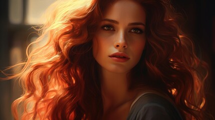 Wall Mural - golden hour radiance: a captivating portrait of a woman with long, fiery red curls bathed in the war