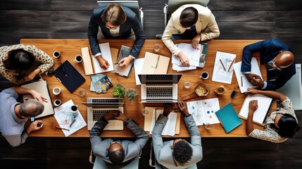 Top view of group of multiethnic busy people working in an office, Aerial view with businessman and businesswoman sitting around a conference table with blank copy space with generative ai
