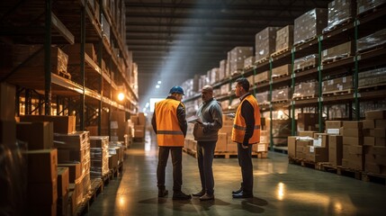 Poster - Logistics worker reading a clipboard while moving goods with a pallet jack in a warehouse 