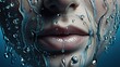 Women's half face with drops of water on skin with generative ai