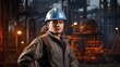 © WS Studio 1985 - Young factory worker in hard hat standing at industry site, generative ai