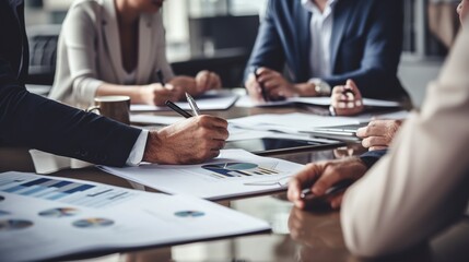 Poster - paperwork and group of peoples hands on a board room table at a business presentation or seminar. th