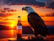 German eagle Chilling with a beer bottle in a sunset Background. Image is generated with the use of an Artificial intelligence