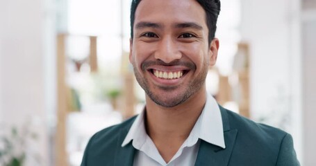 Aufkleber - Laughing, face and an Asian man in an office for a corporate job, professional career and happy as lawyer. Smile, working and portrait of a businessman at an law agency or company firm for legal work