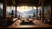 A Harmonious Chinese Living Room With A Fountain, A Pergola, And A View Of The Mountains.