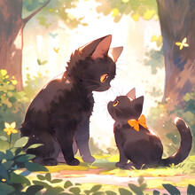 A Cute Pair Of Cats Have Fun In The Park. A Pair Of Cats Have Fun In The Park Anime Style.