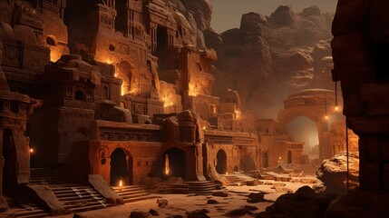 Ancient city buried deep within a desert or underwater realm. Depict its crumbling architecture, intricate statues, and the sense of wonder and mystery that surrounds this forgotten civilization