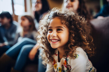 A happy smiling girl shares joyful moments with her loving family in the cozy living room, creating cherished memories at home.