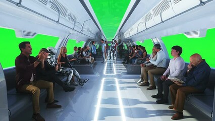 Canvas Print - 3d people and robots. flying passenger train. utopia. concept of the future.green screen. realistic 