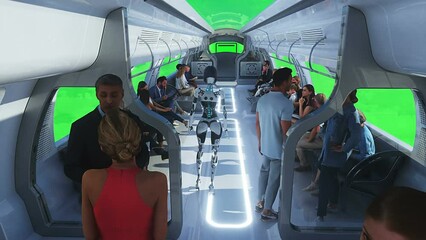 Canvas Print - 3d people and robots. flying passenger train. utopia. concept of the future.green screen. realistic 