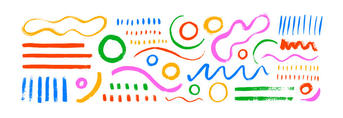 Poster - Collection various doodle geometric shapes and lines. Hand drawn vector multi colored elements drawn with a brush. Organic shapes, circles and dots in childish style drawing. 