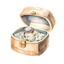 A Beautiful Vintage Wedding Ring Box In Watercolor Style Isolated On A Transparent Background, Generative Ai