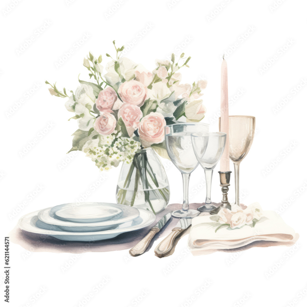 a beautifully set wedding table in watercolor style isolated on a ...