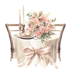 a beautifully set wedding table in watercolor style isolated on a transparent background, generative ai