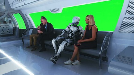Canvas Print - 3d people and robots. flying passenger train. utopia. concept of the future.green screen. realistic 