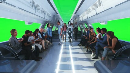 Canvas Print - 3d people and robots. flying passenger train. utopia. concept of the future.green screen. realistic 