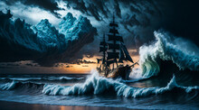 Pirate Ship Braves The Raging Storm Its Sails Billowing Against The Relentless Onslaught Of Towering Ocean Waves A Symbol Of Adventure.