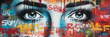 Fototapeta Młodzieżowe - Large colorful face in graffiti on a long wall, banner, color, hip, modern, art, street