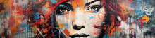 Large Colorful Face In Graffiti On A Long Wall, Banner, Color, Hip, Modern, Art, Street